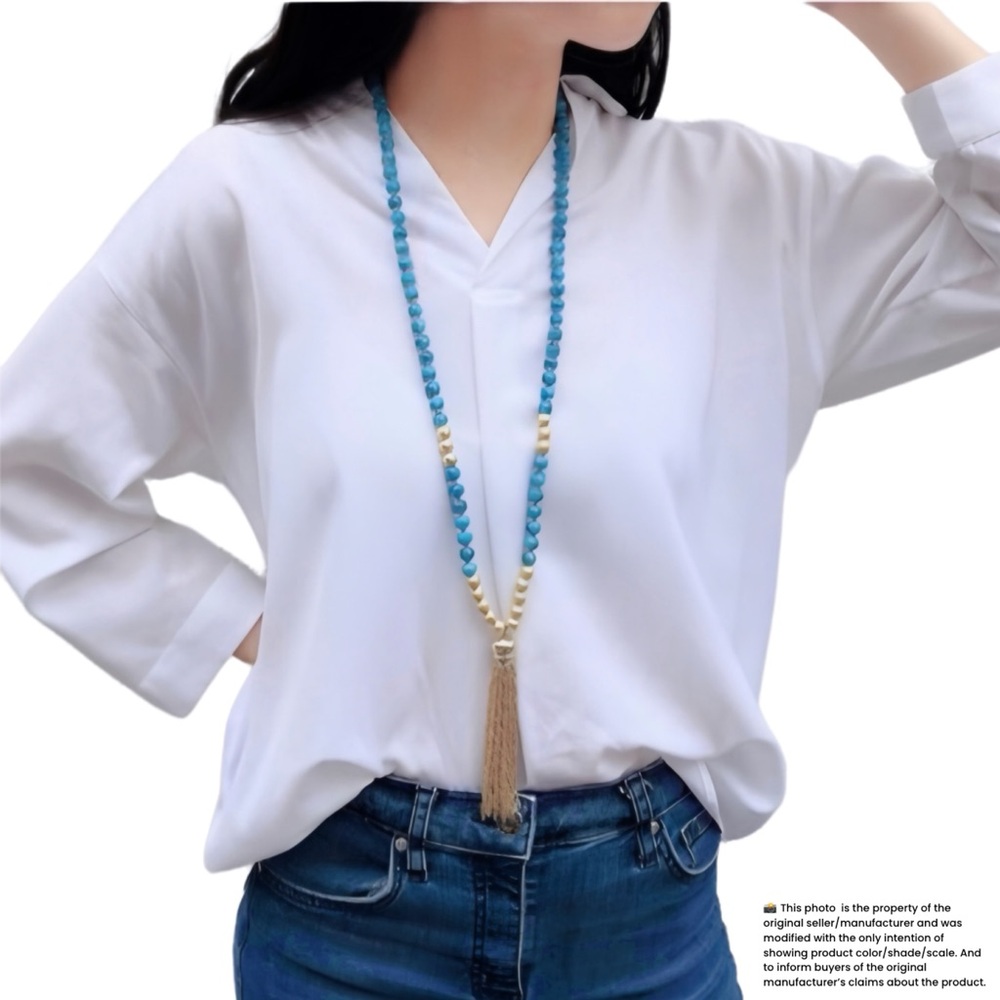 AMRITA SINGH Feroza Glass Beads Faux Turquoise Tassel Long Necklace Gift Box NWT - Picture 9 of 9